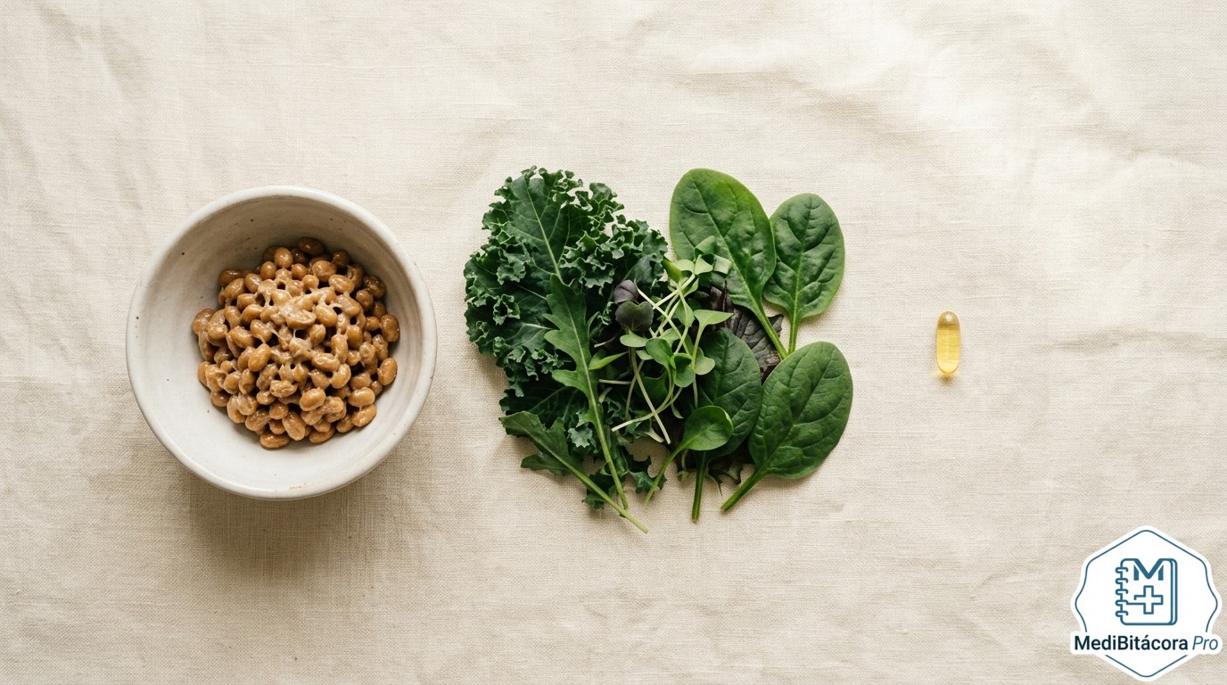 Alimentos ricos en vitamina K2 sobre fondo claro
