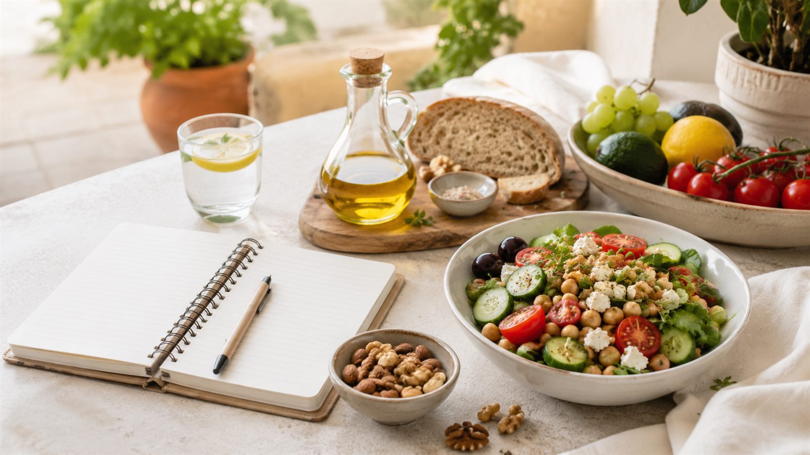 Mesa luminosa con ensalada mediterránea, aceite de oliva, pan, fruta y cuaderno