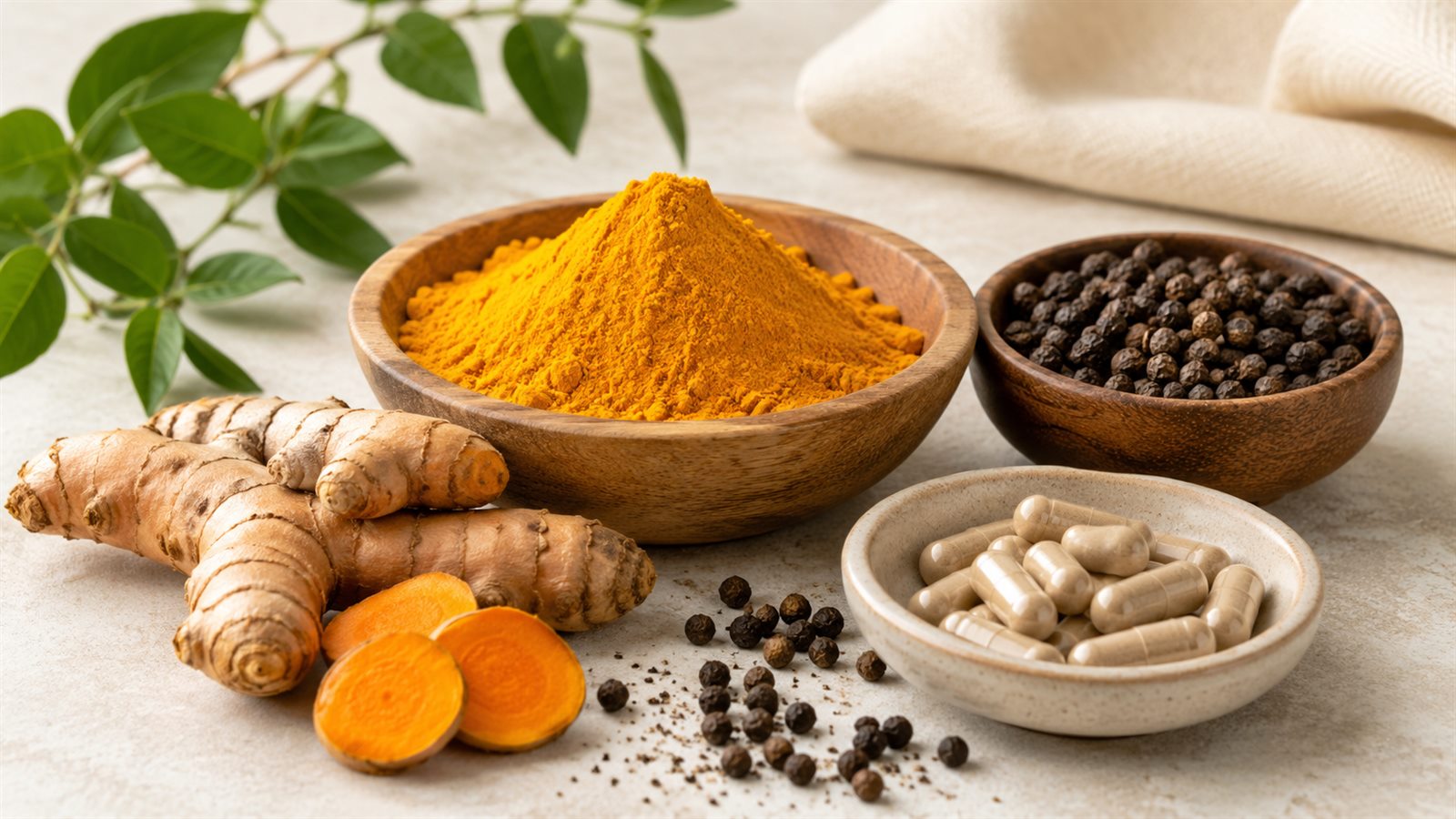 Cúrcuma en polvo, raíz fresca, pimienta negra y cápsulas en cuencos