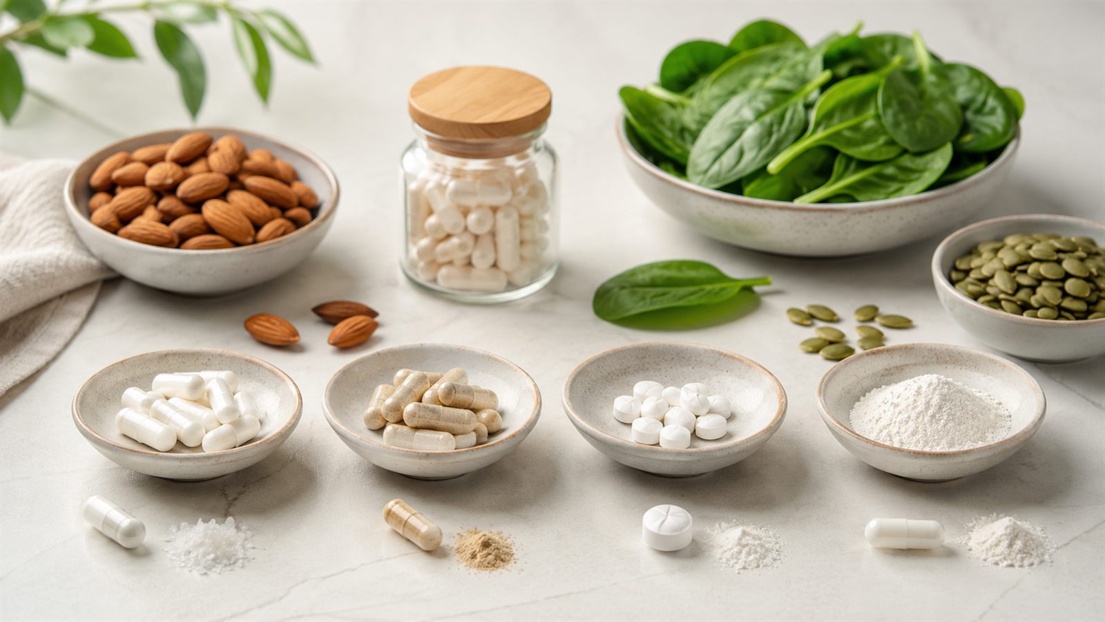 Frutos secos, espinacas, semillas, cápsulas y polvos nutricionales en una mesa