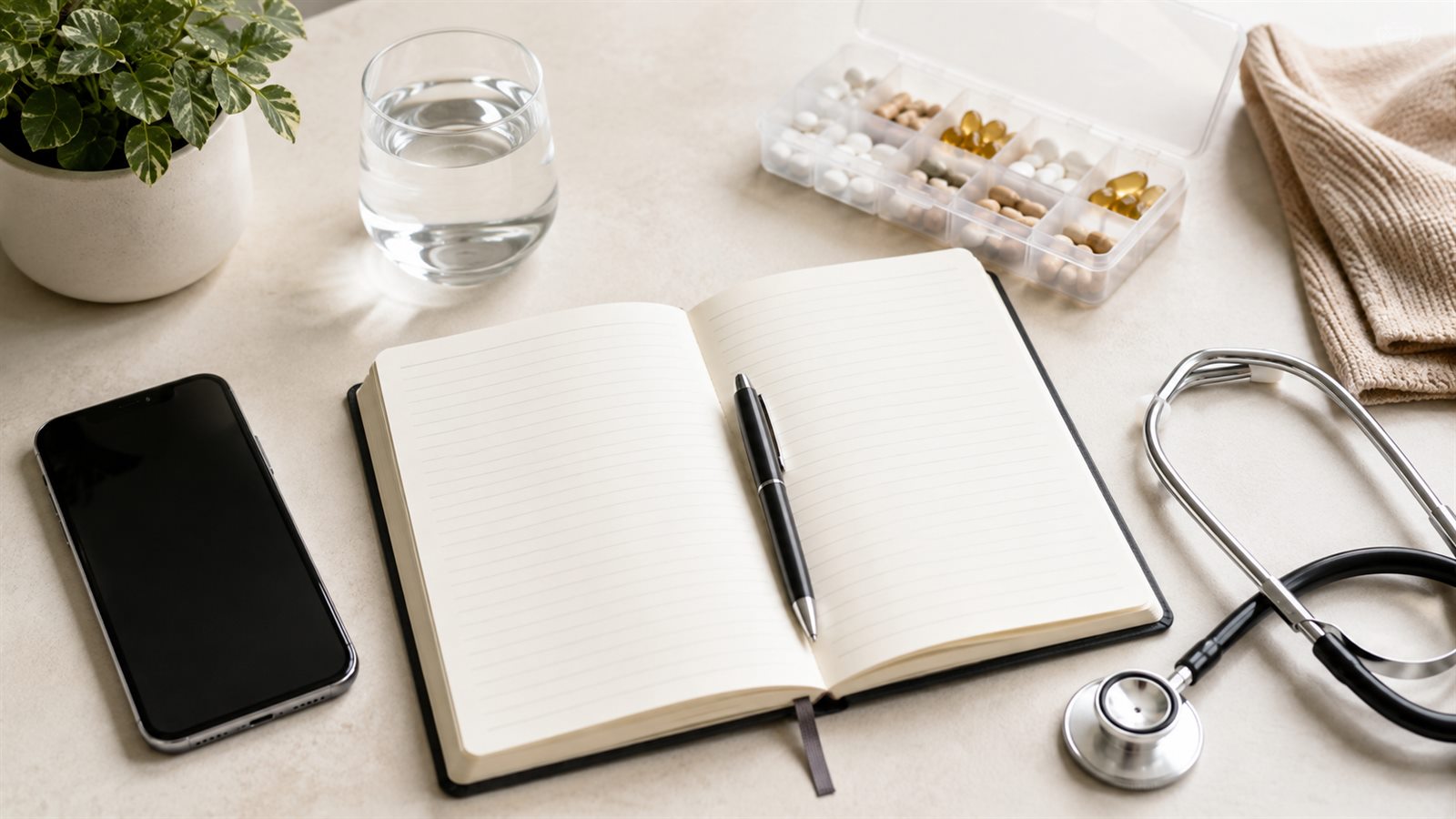 Cuaderno abierto, móvil, pastillero, vaso de agua y estetoscopio sobre una mesa