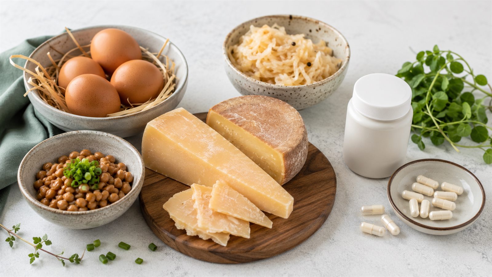 Alimentos ricos en nutrientes junto a un bote de suplemento y cápsulas