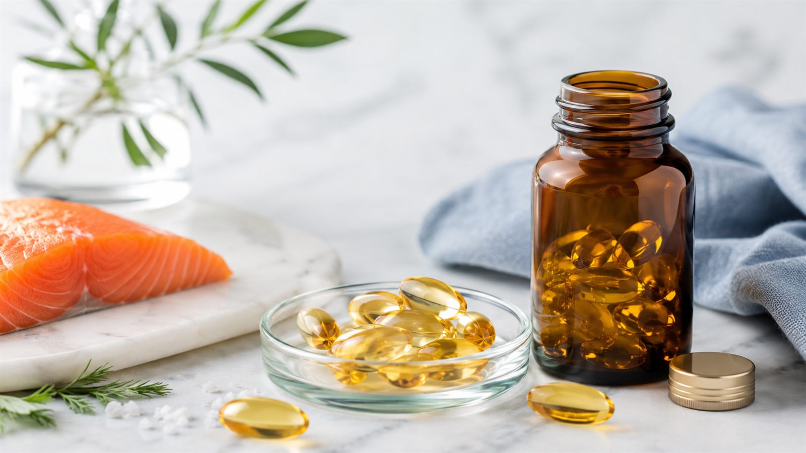 Cápsulas doradas de omega-3 junto a salmón y un frasco ámbar