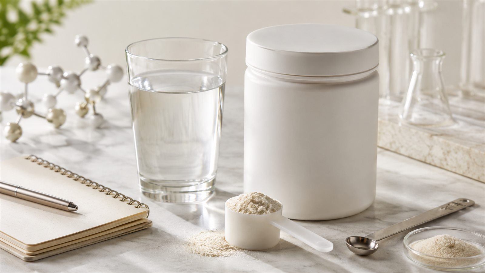 Bote blanco de proteína en polvo, vaso de agua, cuaderno y medidor